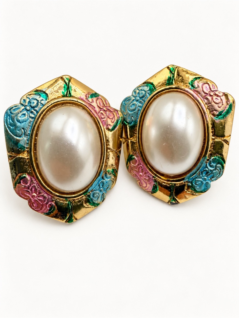 Signed Two Sisters Gold Tone Floral Earrings, Multicolor Enamel and Faux Pearl,